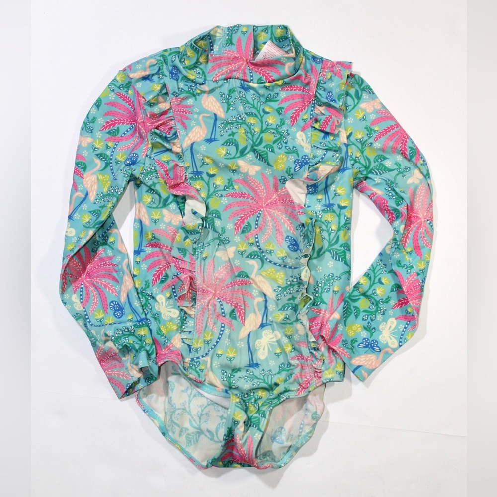 Boden Teal and Pink Long-Sleeve Ruffle One-Piece